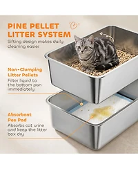 PawHut Stainless Steel Sifting Litter Box for Pine Pellets with Sifter Tray