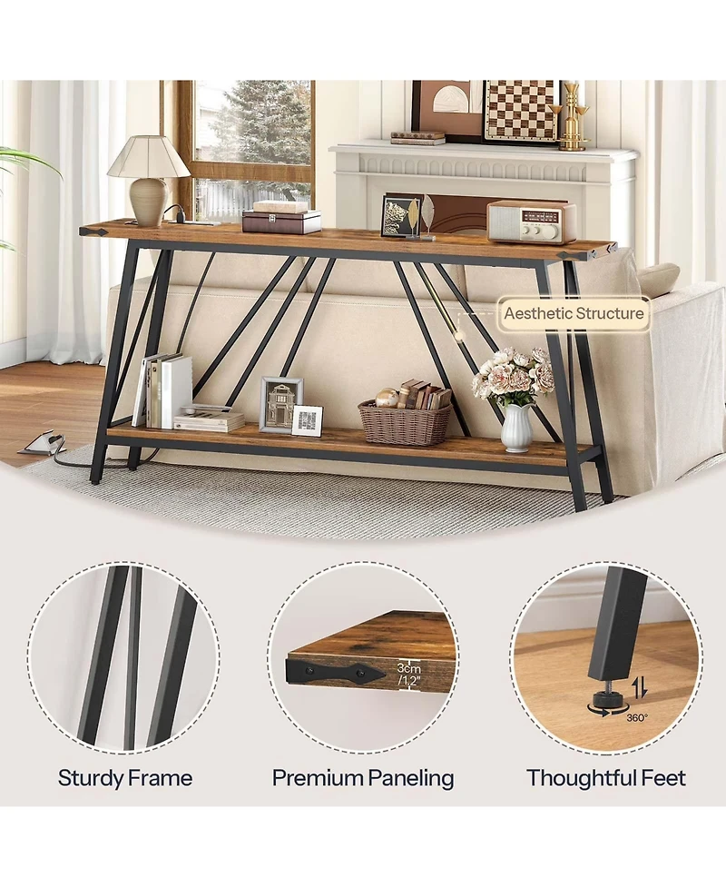 Slickblue 2-Tier Industrial Entryway Console Table with Charging Station and Storage Shelf