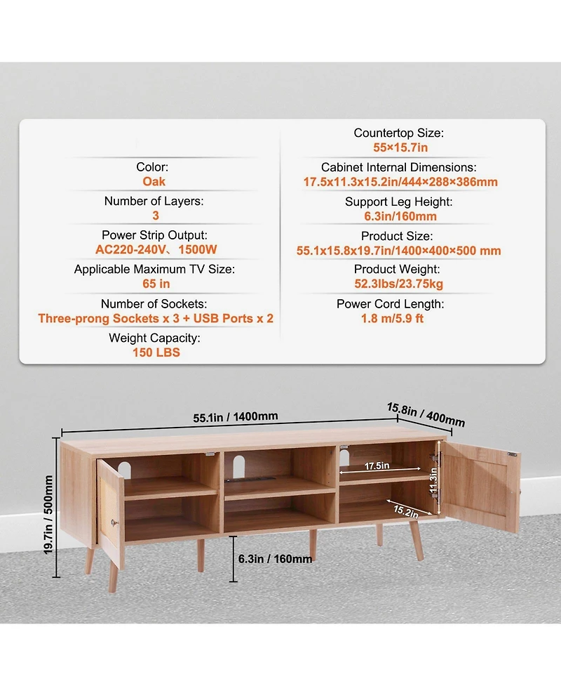 Slickblue Mid Century Modern Rattan Tv Stand with Built-In Socket, Storage Shelves for Living Room