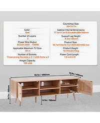 Slickblue Mid Century Modern Rattan Tv Stand with Built-In Socket, Storage Shelves for Living Room
