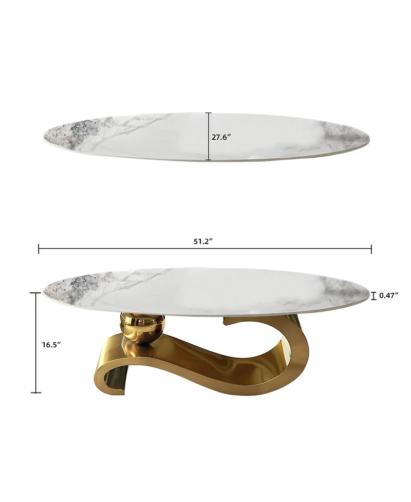 Streamdale Furniture Gold Metal Coffee Table with Stainless Steel Pedestal and Faux Marble Top
