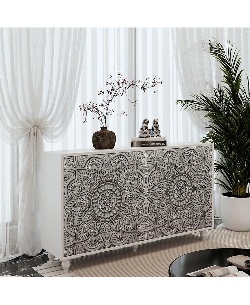 Streamdale Furniture 60" Boho Mandala 3D Embossed 4-Door Sideboard Buffet Cabinet