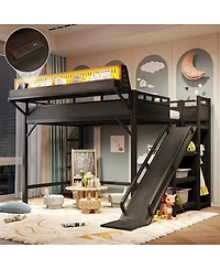 Streamdale Furniture Full Size Metal Loft Bed with Slide, Wardrobe and Led Lights