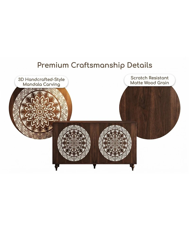 Streamdale Furniture 60" Boho Carved Walnut Sideboard Buffet Cabinet