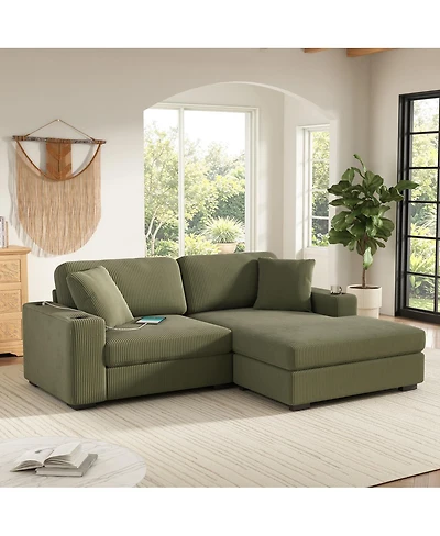 Streamdale Furniture 86.5" Corduroy L-Shaped Sectional Sofa with Usb Ports and Cup Holders
