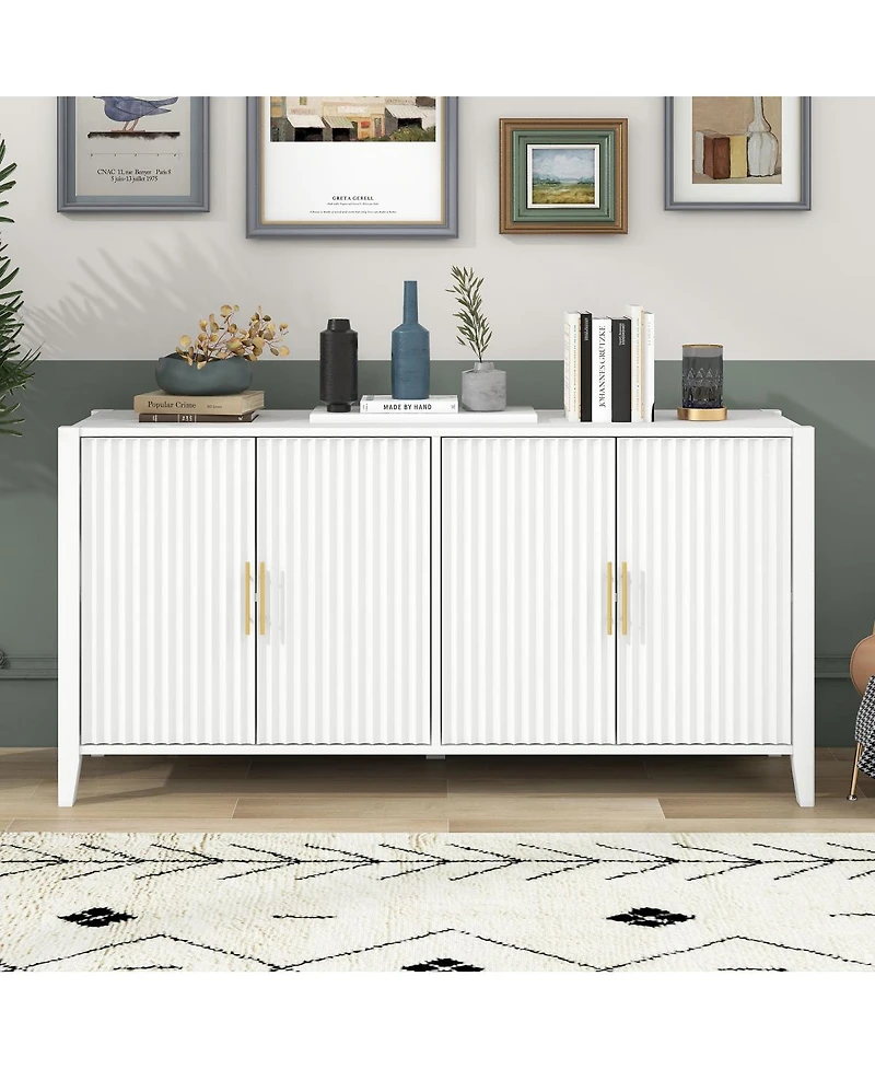 Streamdale Furniture 61" Modern 4-Door Wavy Slatted Sideboard Storage Cabinet