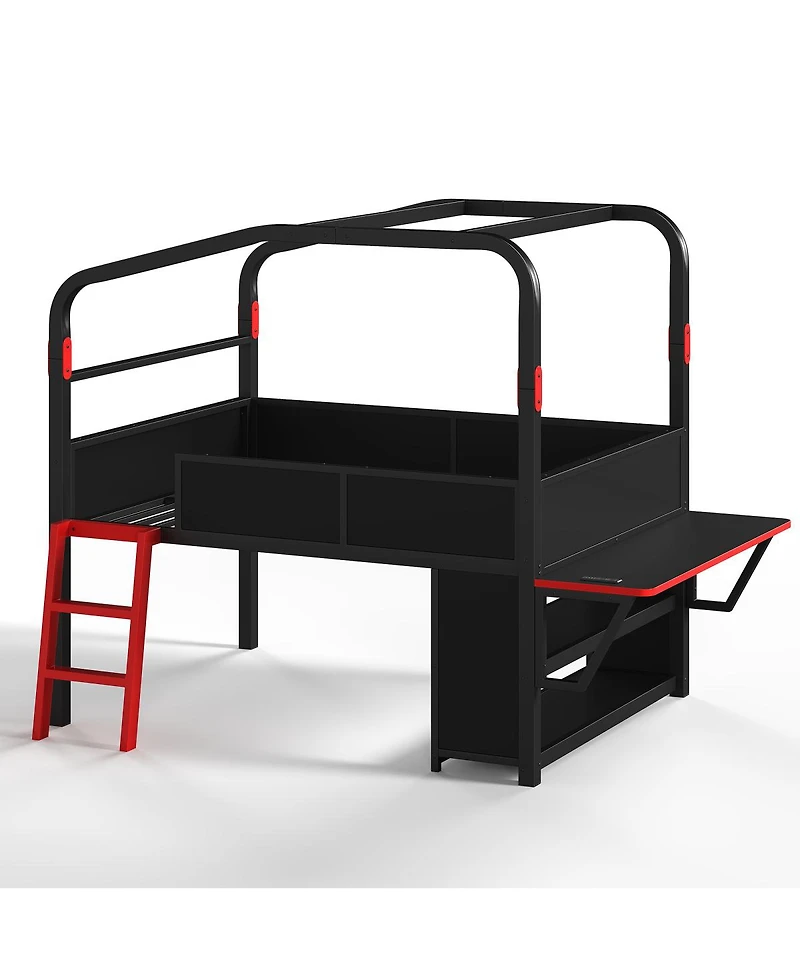 Streamdale Furniture Full Size Metal Low Loft Bed with Desk, Led Lights, and Storage Cabinets