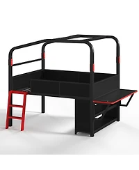 Streamdale Furniture Full Size Metal Low Loft Bed with Desk, Led Lights, and Storage Cabinets