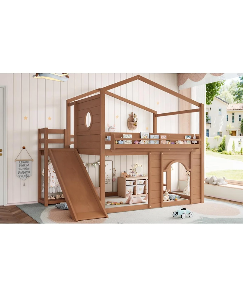 Streamdale Furniture Full Size House Loft Bed with Slide, Wardrobe and Bookshelves