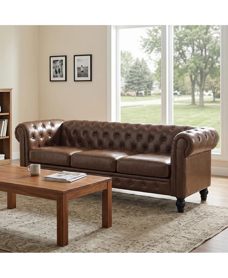 Streamdale Furniture Traditional Tufted Pu Leather Sofa with Solid Wood Legs