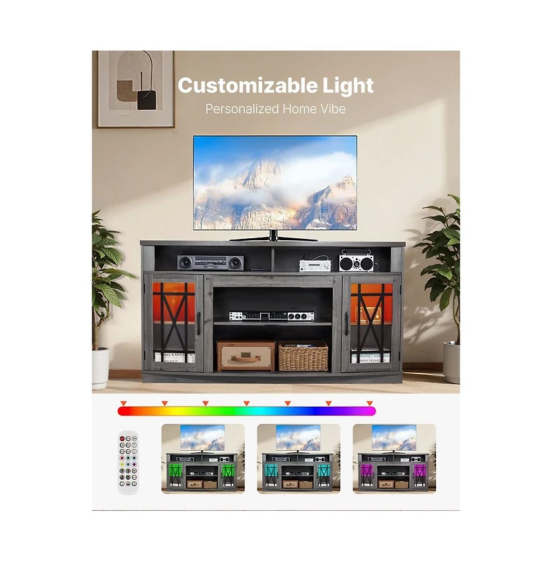 Slickblue Farmhouse Entertainment Center with Tv Stand, Storage Cabinets, Led Light Strip for Bedroom
