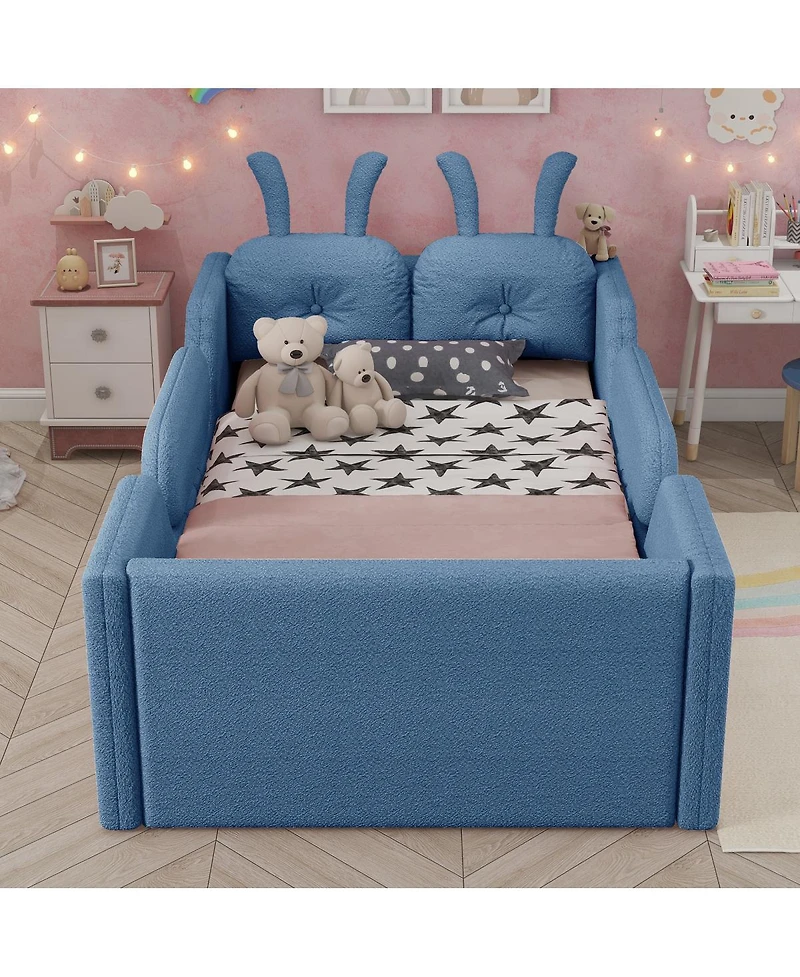 Streamdale Furniture Twin Upholstered Kids Floor Bed with Rabbit Cushion and Side Rails