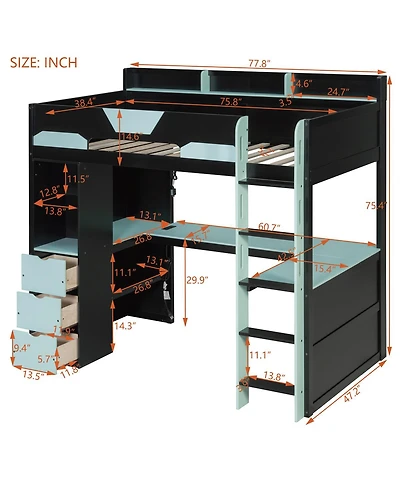 Streamdale Furniture Twin Wooden Gaming Loft Bed with Desk, Rgb Lights and Drawers