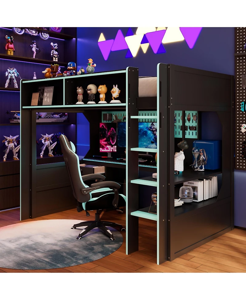 Clihome Twin Size Gaming Loft Bed with Integrated Desk and Lights, Modern Wooden Bed Frame with Desk and Built-in Charging Station