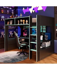 Clihome Twin Size Gaming Loft Bed with Integrated Desk and Lights, Modern Wooden Bed Frame with Desk and Built-in Charging Station