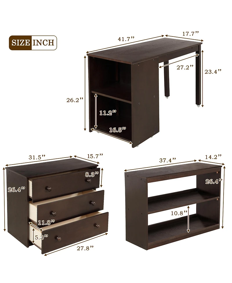 Clihome Low Study Twin Loft Bed with Cabinet and Rolling Portable Desk
