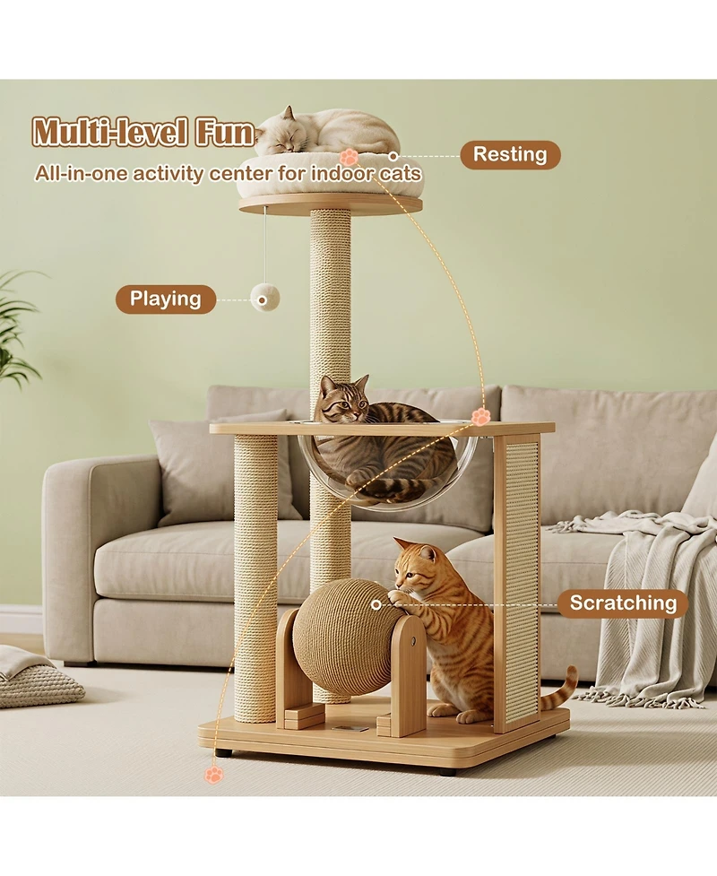 Gymax 40'' Modern Solid Wood Cat Tree with Top Perch Space Capsule Sisal Scratching Posts