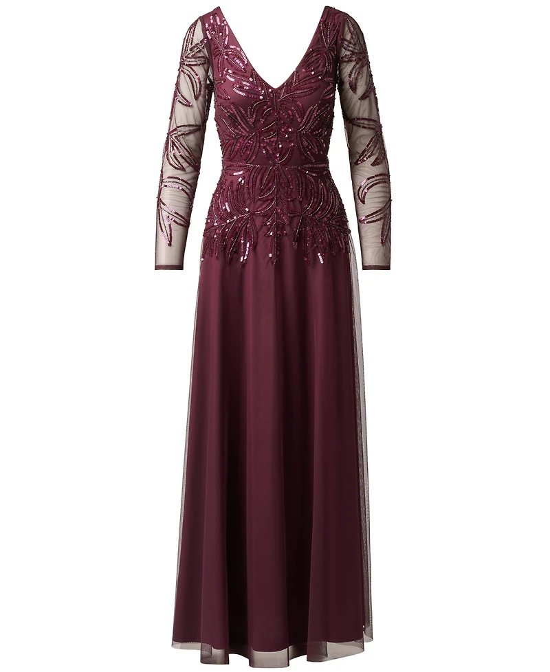 Adrianna Papell Petite Long-Sleeve Sequined V-Neck Gown