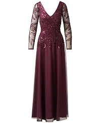 Adrianna Papell Petite Long-Sleeve Sequined V-Neck Gown