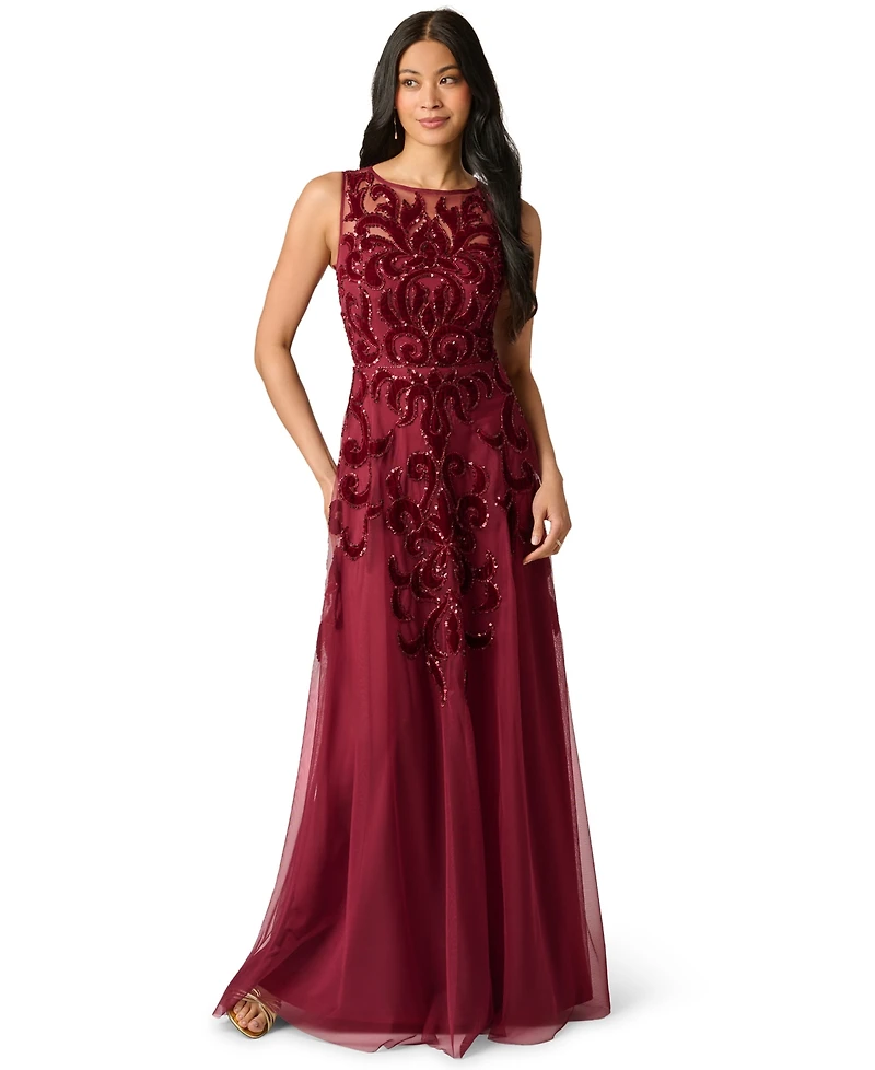 Adrianna Papell Women's Illusion Bead Mesh Long Wedding Guest Beaded Dress
