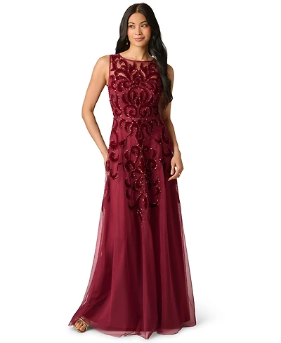 Adrianna Papell Women's Illusion Bead Mesh Long Wedding Guest Beaded Dress