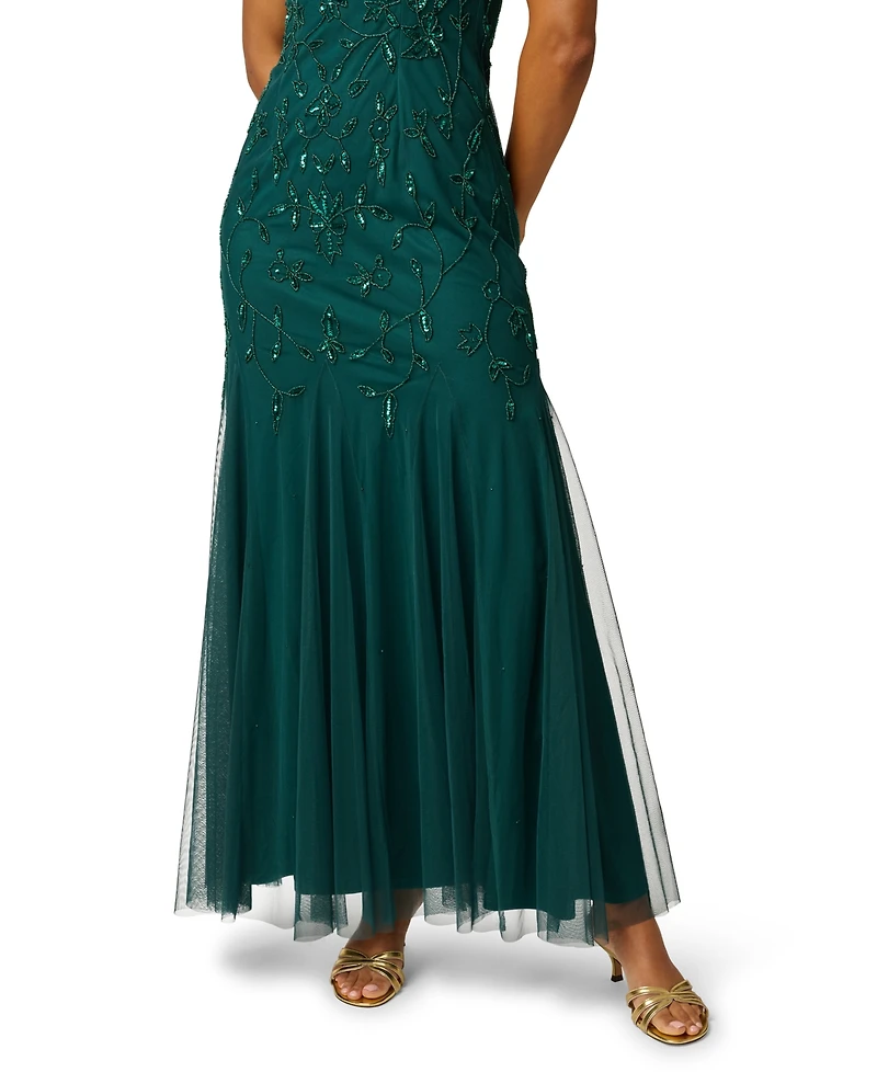 Adrianna Papell Women's Beaded-Mesh Square Neck Long Dress