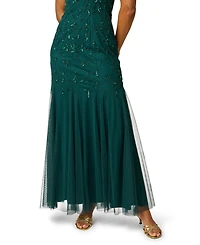 Adrianna Papell Women's Beaded-Mesh Square Neck Long Dress