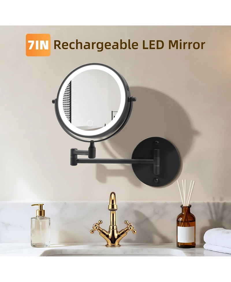 Busdays 8 Inch Rechargeable Wall Mounted Makeup Mirror Double Sided 1x 10x Magnifying with Lights 360 Rotation Foldable Arm for Bathroom Shaving