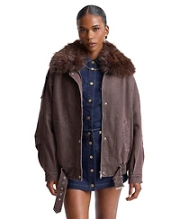 Avec Les Filles Women's Oversized-Fit Detachable Faux Fur Collar Bomber Coat