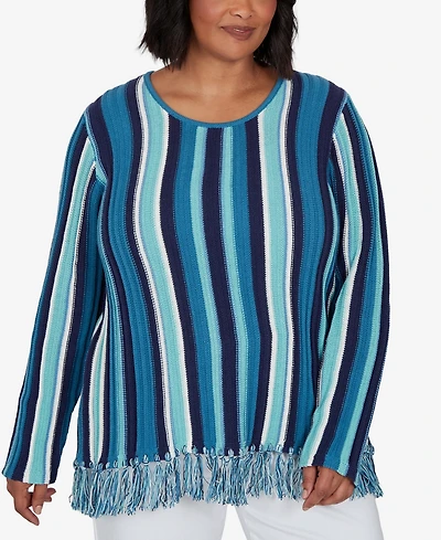 Hearts Of Palm Plus Stripe Fringe 3/4-Sleeve Pullover