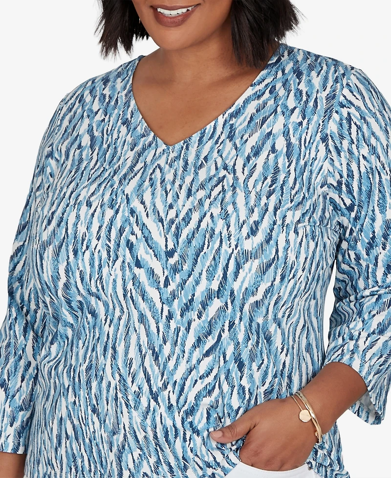 Heart Of Plam Plus Animal Print V-Neck Cotton-Blend Blouse