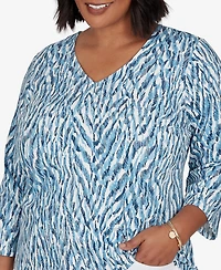 Heart Of Plam Plus Animal Print V-Neck Cotton-Blend Blouse