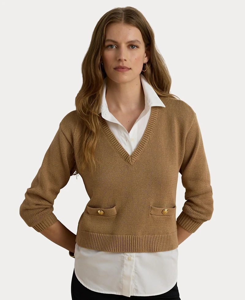 Lauren Ralph Women's V-Neck Long-Sleeve Relaxed-Fit Cotton Sweater