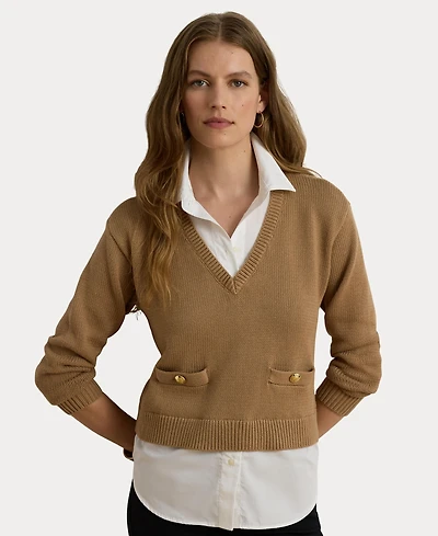 Lauren Ralph Women's V-Neck Long-Sleeve Relaxed-Fit Cotton Sweater