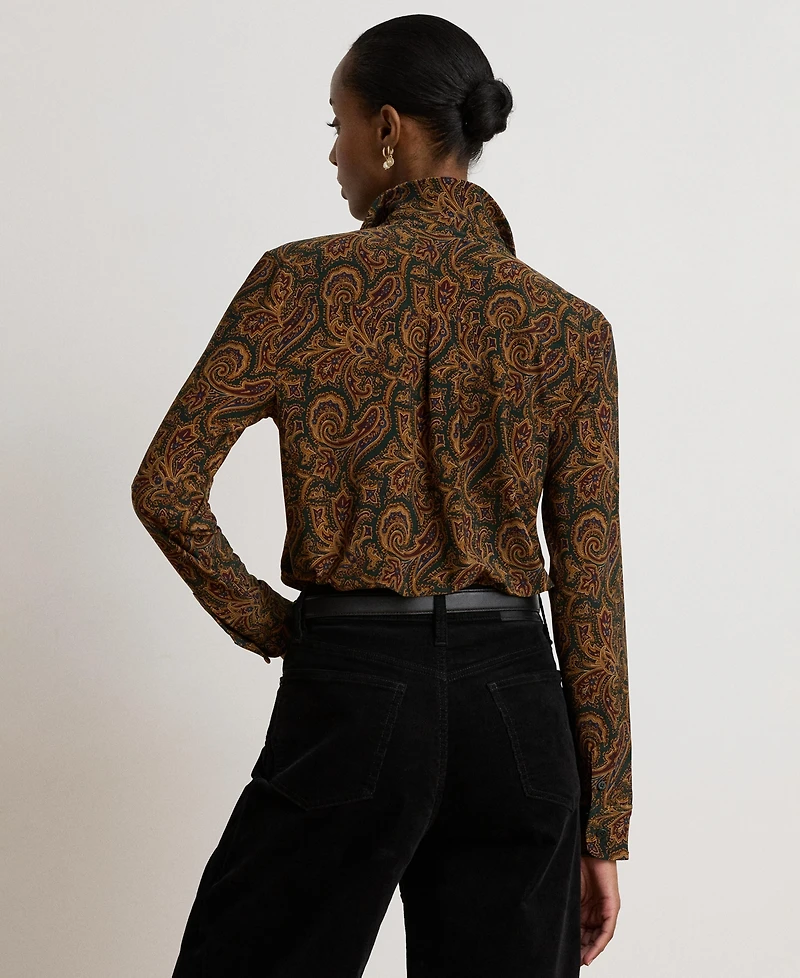 Lauren Ralph Women's Paisley Stretch Jersey Shirt Long-Sleeve Button-Up Blouse
