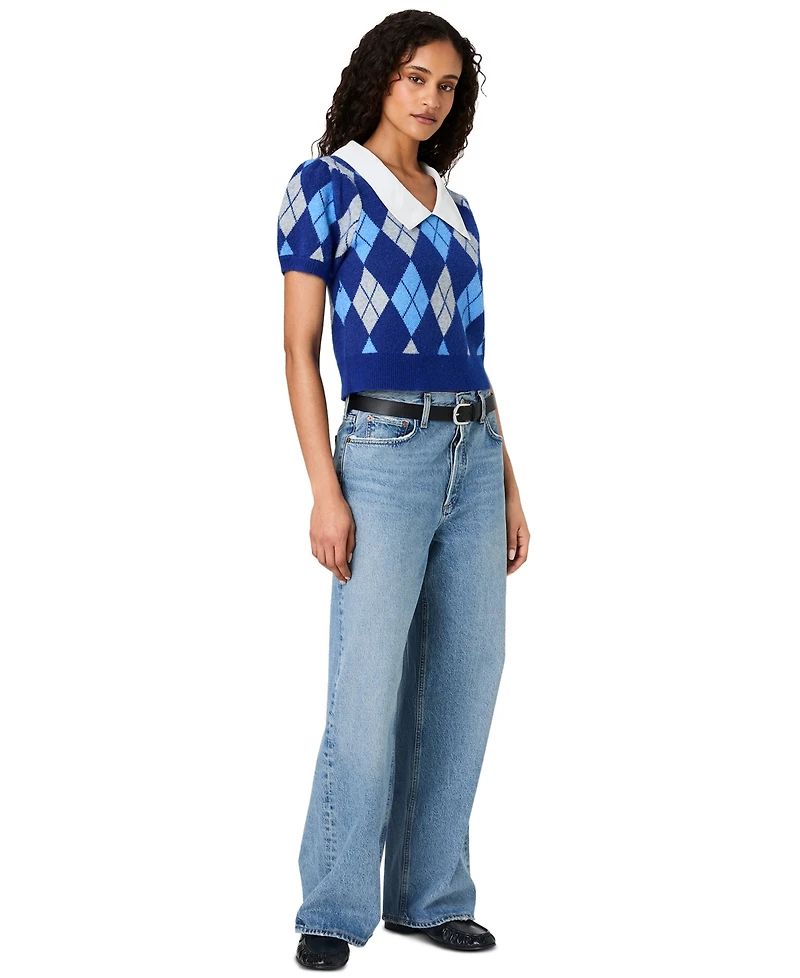 French Connection Women's Koda Puff-Sleeve Argyle-Jacquard Collared Top