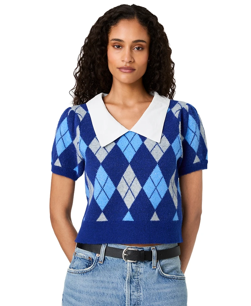 French Connection Women's Koda Puff-Sleeve Argyle-Jacquard Collared Top