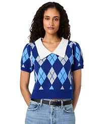 French Connection Women's Koda Puff-Sleeve Argyle-Jacquard Collared Top