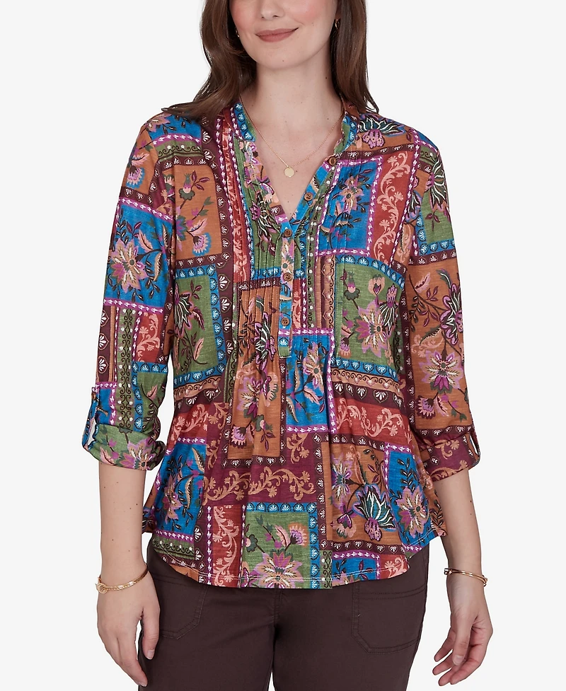 Ruby Rd. Petite Tapestry Top 3/4-Sleeve Floral-Print Button-Front Blouse