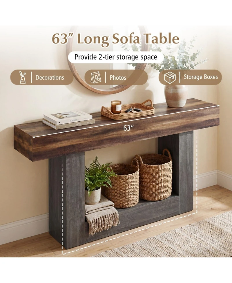 Sugift 2-Tier Farmhouse Console Table 63 Inch Long Slim Sofa Table with Storage Shelf
