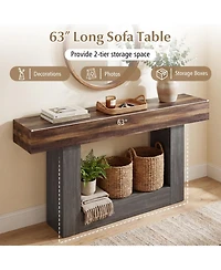 Sugift 2-Tier Farmhouse Console Table 63 Inch Long Slim Sofa Table with Storage Shelf