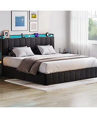 Gaomon King Bed Frame with Lift Up Storage and Led Lights, Velvet Bed with Storage Headboard and Charging Station, Metal Platform Bed