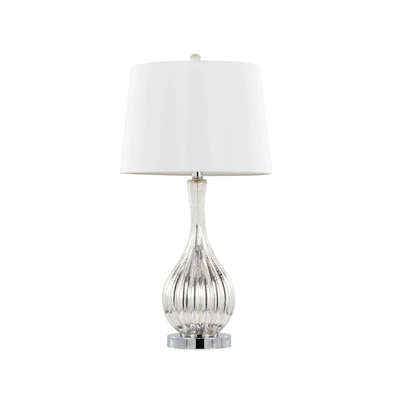27" Glass Table Lamp in Silver Crackle Glass and Chrome Metal with White Linen Shade - Set of 2