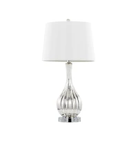 27" Glass Table Lamp in Silver Crackle Glass and Chrome Metal with White Linen Shade - Set of 2