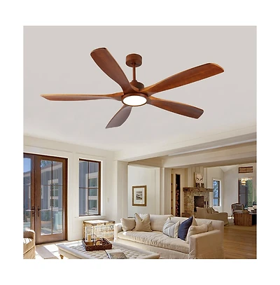 Sofucor 60-in Modern Natural Wood Downrod Ceiling Fans with Lights and Remote Control Included 5-Blade