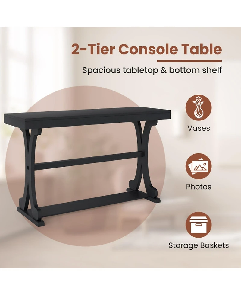 Sugift Vintage 52 Inch Narrow Console Table with Curved Solid Wood Legs and Open Shelf