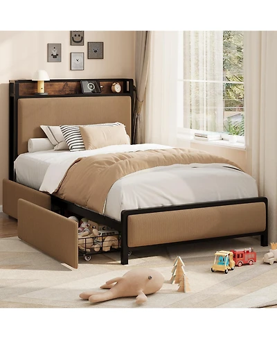 homfan Bed Frame with 2 Drawers and Charging Station, Upholstered Headboard Led Lights, Under Storage