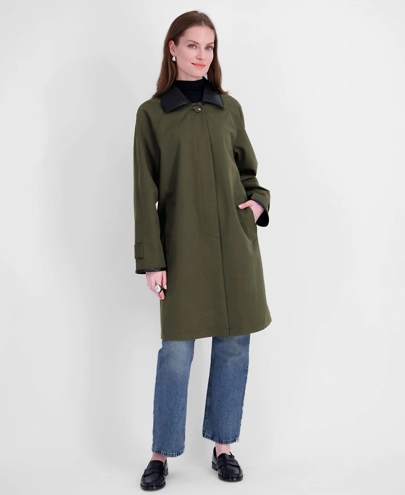 Tahari Women's Water-Resistant Faux-Leather Collared Balmacaan Coat