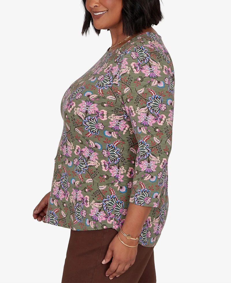 Ruby Rd. Plus Knt Garden Square Neck 3/4-Sleeve Floral Cotton-Blend T-Shirt