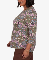 Ruby Rd. Plus Knt Garden Square Neck 3/4-Sleeve Floral Cotton-Blend T-Shirt